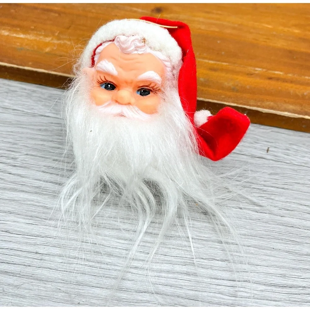 Vintage Kitschy Santa Ornament:‎ Retro Plastic Santa Head with Felt Hat